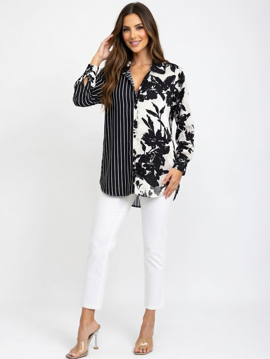 3/4 Sleeve Mixed Print Shirt