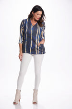 Front image of impluse bell sleeve top with pockets. Blue slanted lines print. Top with pockets. 
