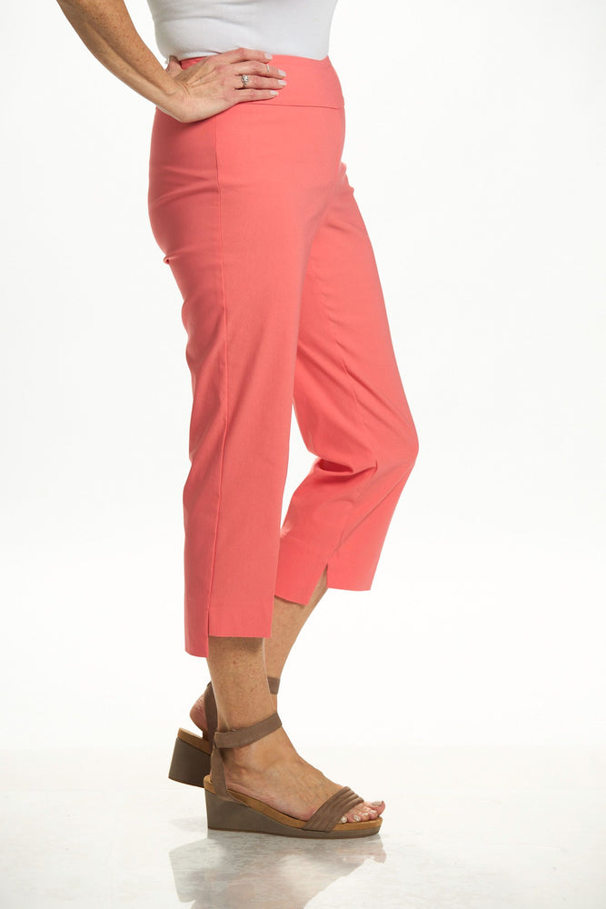 Side image of UP! coral high/low capri. 