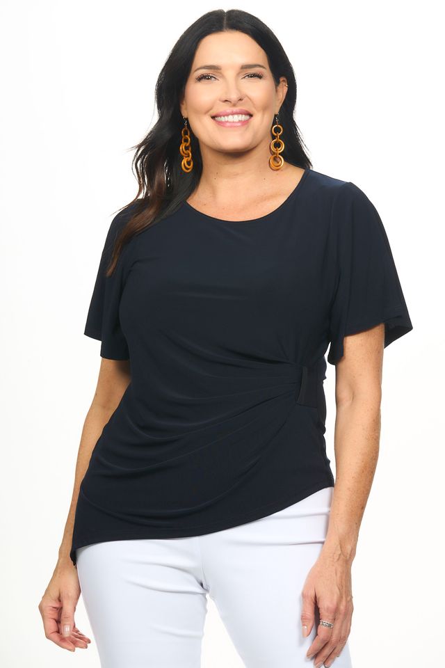 Front image of navy blue gather top.