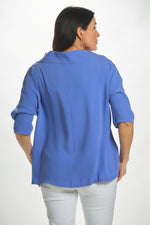 Back image of Suzy D London cowl neck top. Jean blue solid cowl neck. 