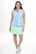 Front image of LuluB knit zip skort in clear lime. 