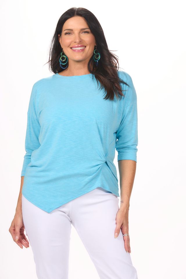 Front image of Nally&Millie turq knot top.
