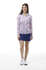 Front image of SanSoleil mock neck long sleeve top. Pink paisley print. 