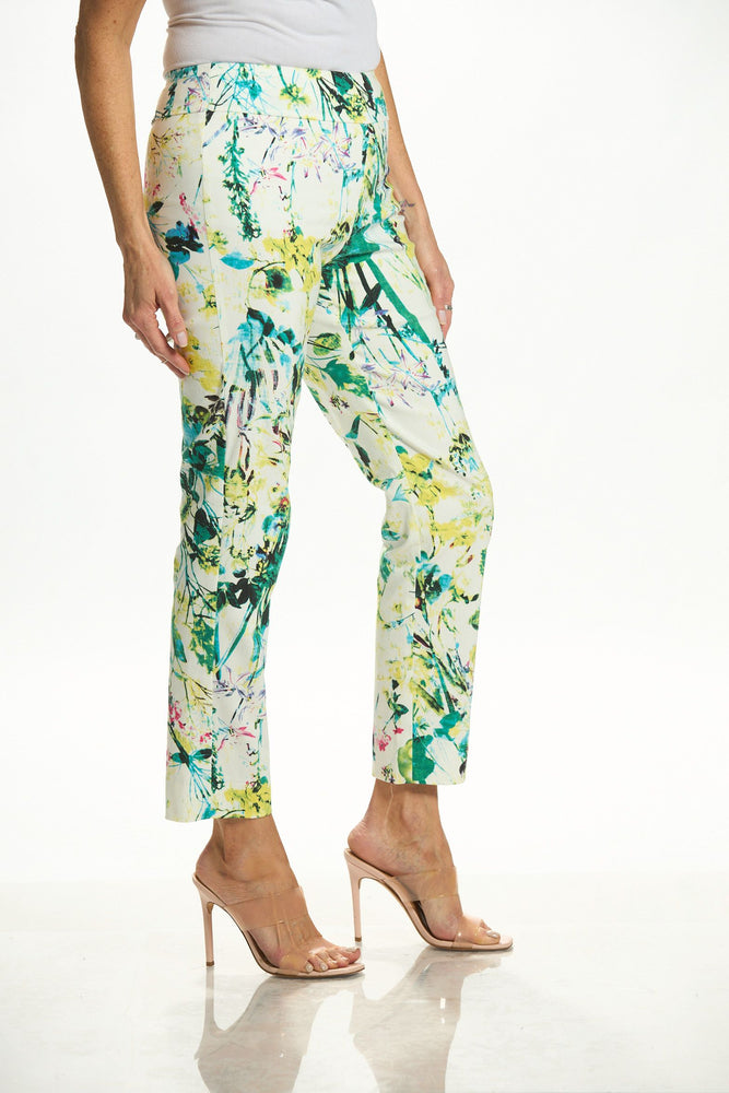Side image of Krazy Larry pull on pants in leaves print.