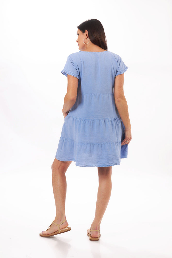 Back image of giocam button front ruffle dress. Light jean summer dress. 