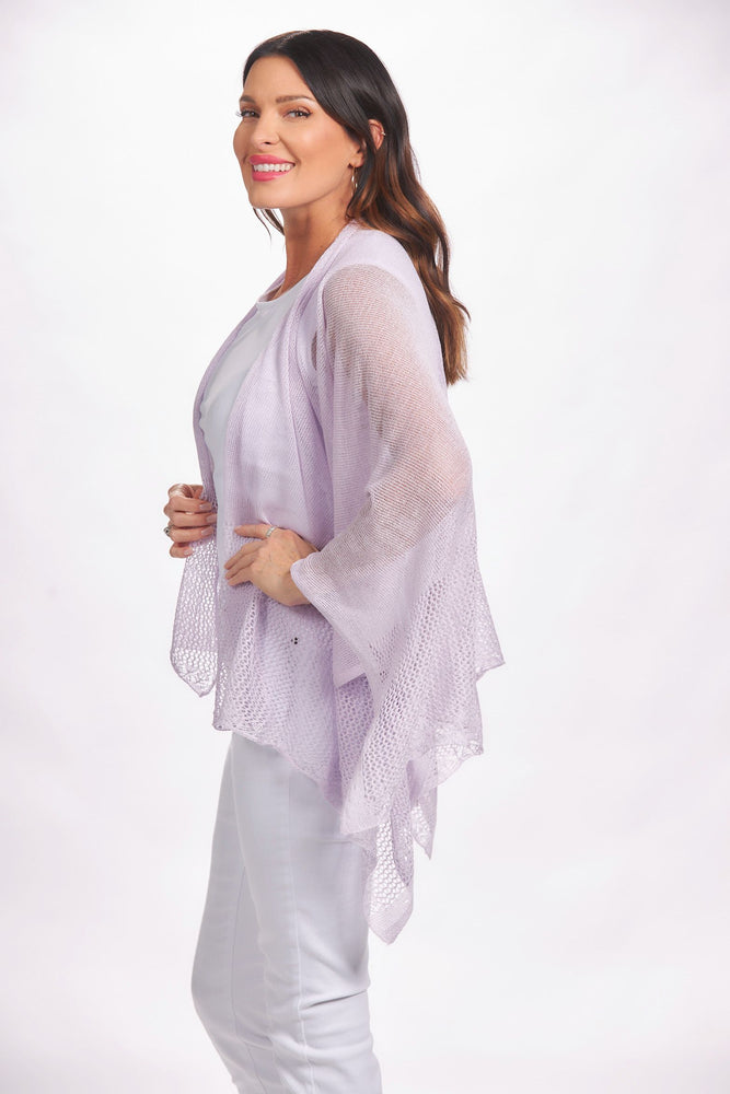 Side image of lavender lightweight knit ruana. The magic scarf company shawl. 