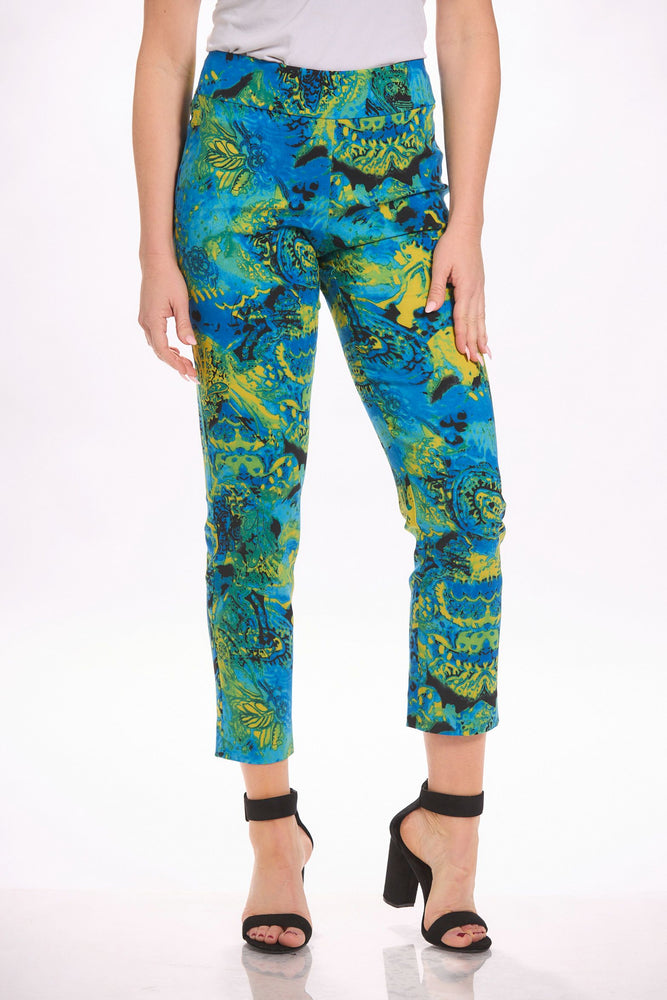 Front image of Krazy Larry navy and lime printed pull on pants. 