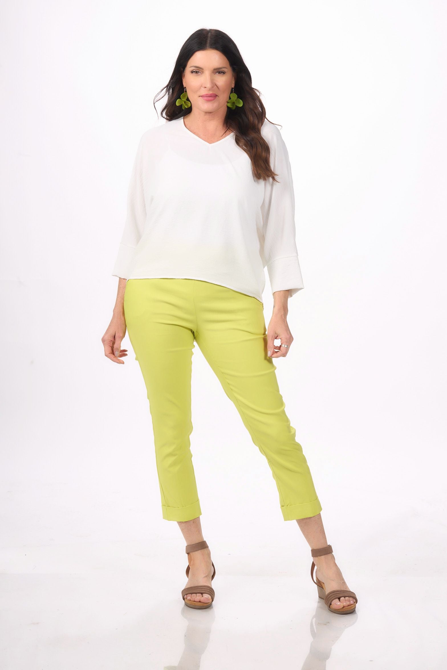 Front image of Tribal pull on limeade capri bottom.