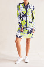 Front image of Tribal long sleeve mock neck cardigan. Lime printed long sleeve top. 