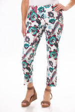 Front image of Lisette pull on printed ankle pants. Ivory printed pants. 