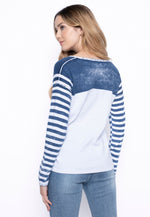 Back image of Picadilly long sleeve printed sweater. Denim multi striped top. 