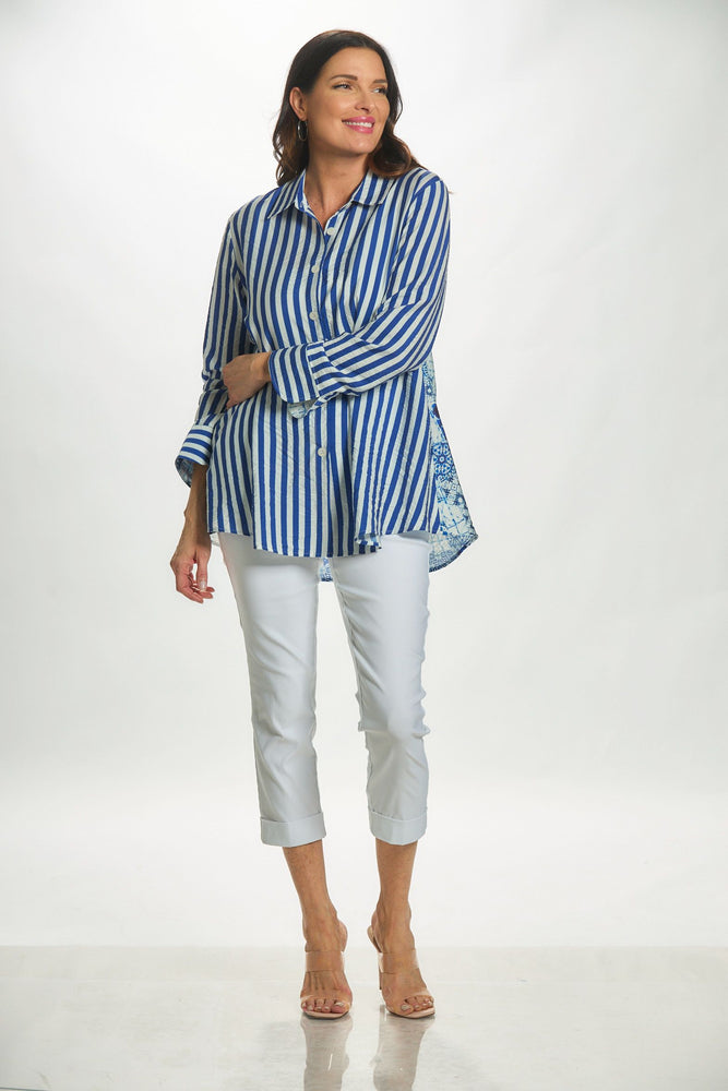 Front image of Shana long sleeve button front shirt. Striped and pattern top. 