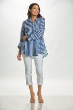 Front image of Shana long sleeve button front shirt. Striped and pattern top. 