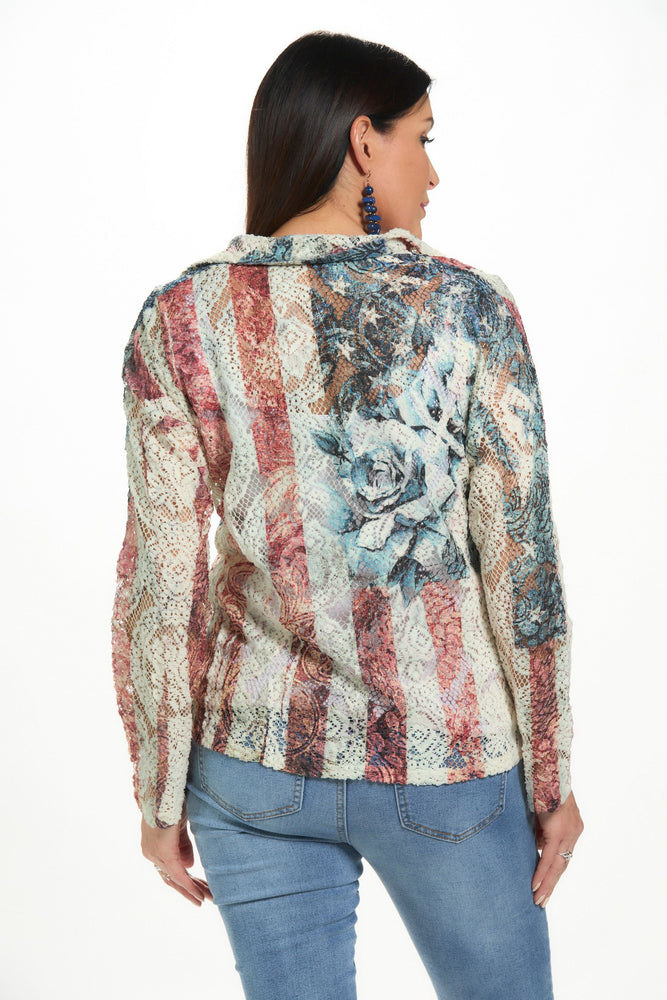 Back image of long sleeve star print jacket in denim star print. 