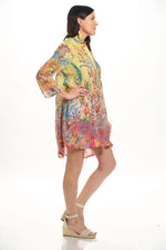 Side image of La Moda long sleeve button front dress in yellow/pink print. 