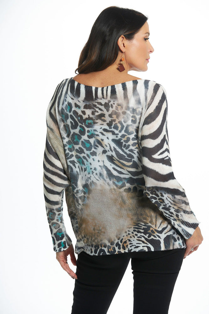 Back image of look mode cheetah and zebra printed sweater. Long sleeve top. 