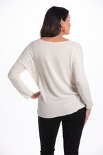 Back image of long sleeve v-neck lurex sweater. White and gold striped sweater. 