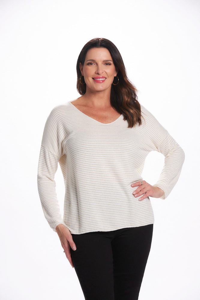 Front image of long sleeve v-neck lurex sweater. White and gold striped sweater. 