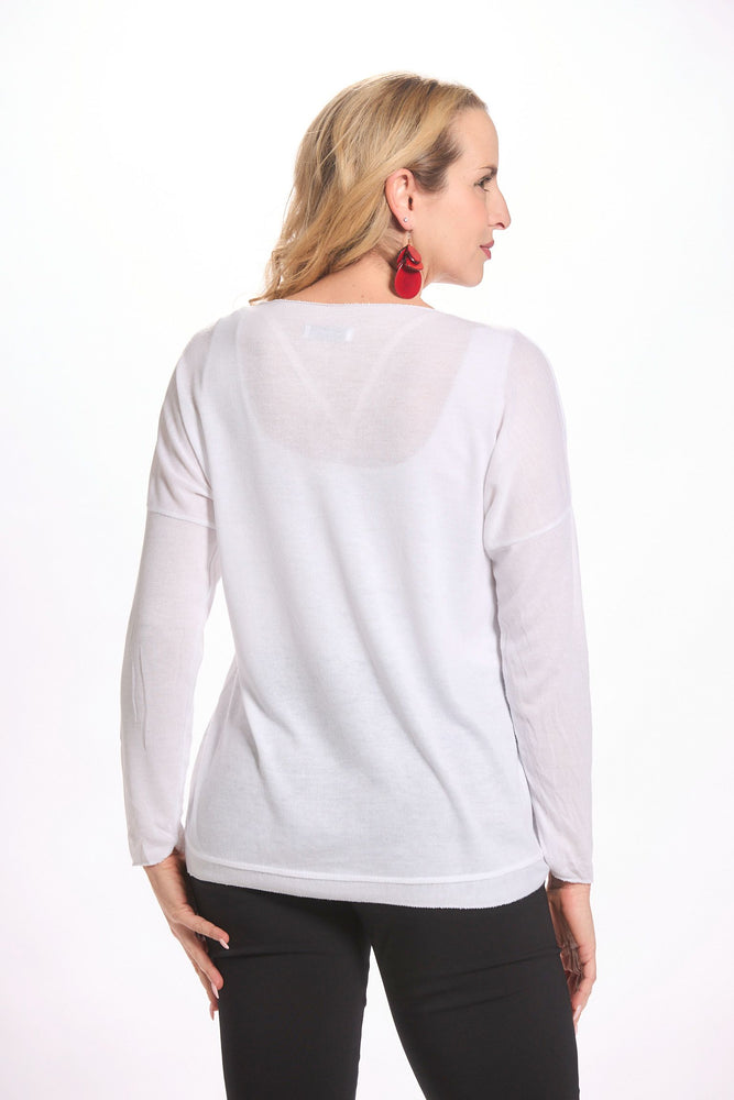 Back image of made in italy white shimmer long sleeve top. 