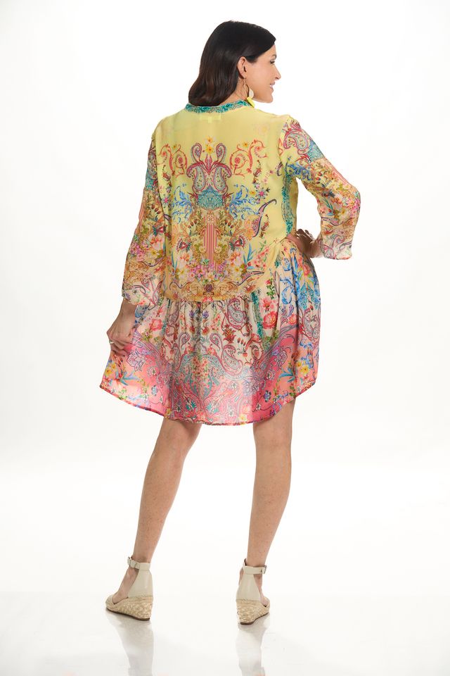 Back image of La Moda long sleeve button front dress in yellow/pink print. 