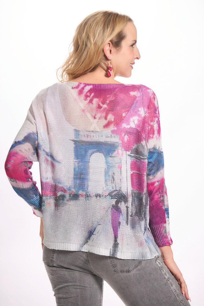 Back image of look mode sweater. Lightweight knitted sweater. 