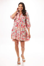 Front image of Look Mode 3/4 sleeve button down dress. Floral printed boho dress. 
