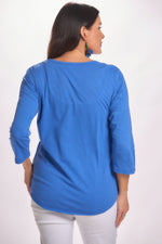 Back image of Lulu B 3/4 sleeve emily tee. Bahama blue top. 