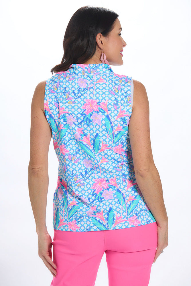 Back image of lulu b flowers printed sleeveless zip top. 