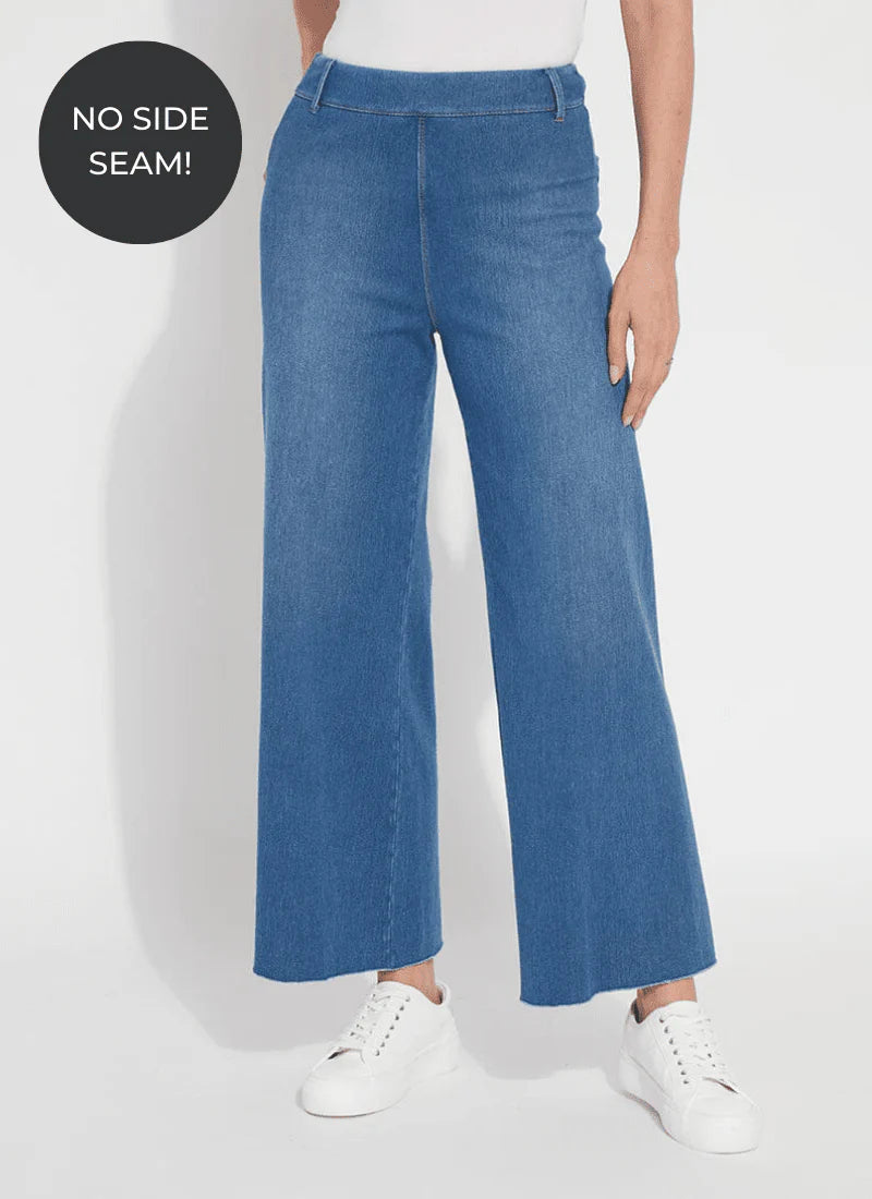 Front image of Lysse Erin wide leg denim pant in midwash blue. 