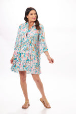 Front image of Aqua Floral printed dress. Look mode made in italy printed summer dress. 