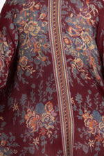 Back detail image of London Chic Kimono in merlot floral. 