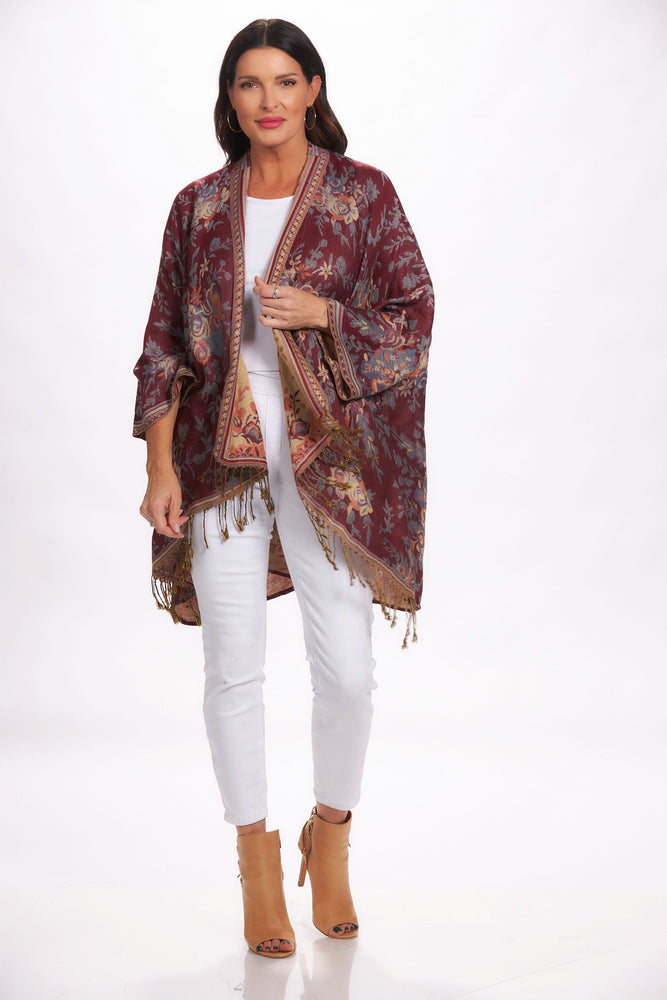 Front image of London Chic Kimono in merlot floral. 
