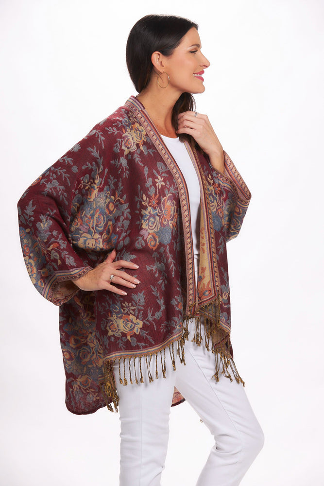 Side image of London Chic Kimono in merlot floral. 