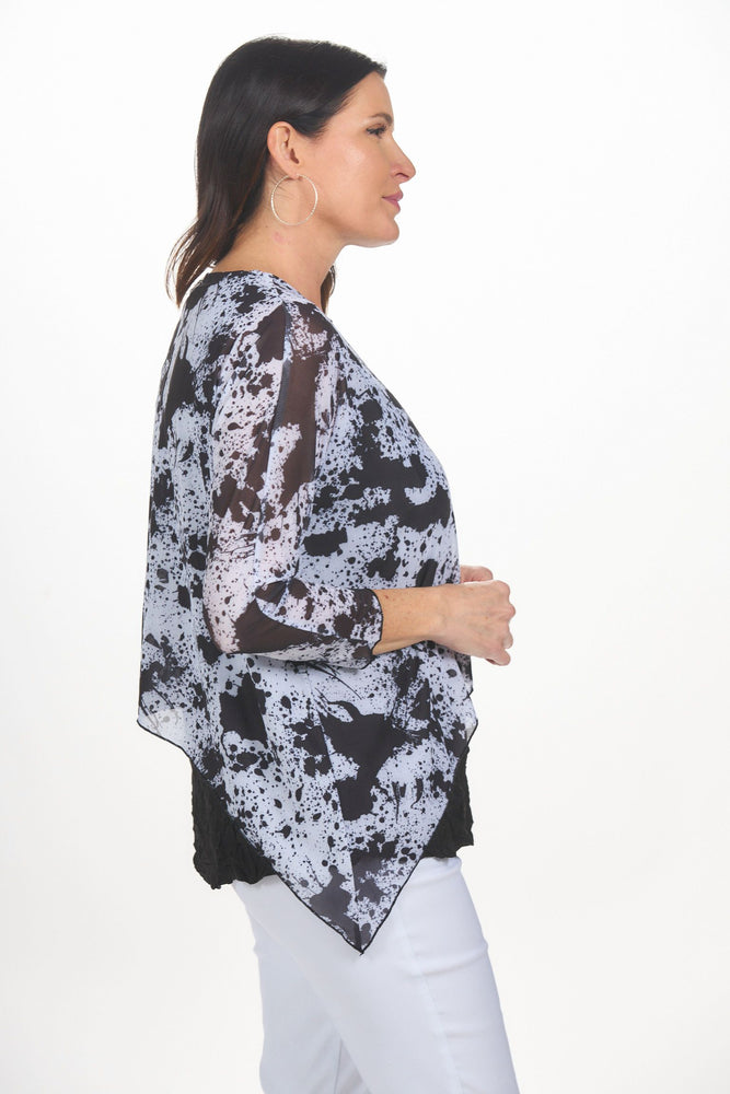 Side image of Shana white and black printed mesh topper. 