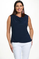 Front image of mimozza cowl neck tank top in navy. 