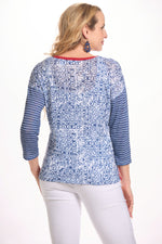 Back image of cubism mixed print sweater. Blue and red printed scoop neck top. 