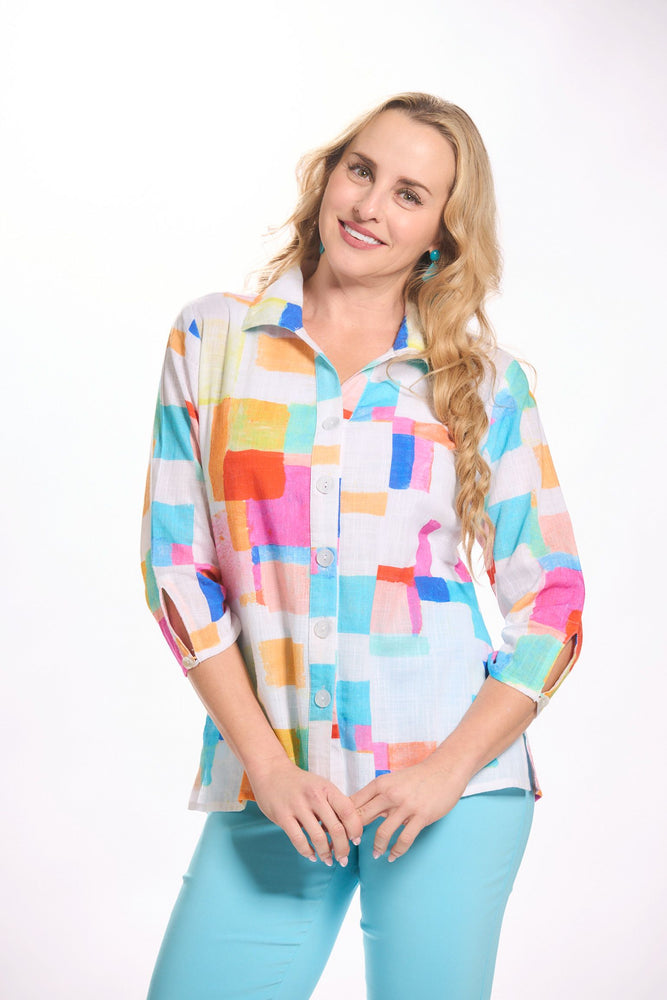 3/4 Sleeve Button Front Multi Shirt