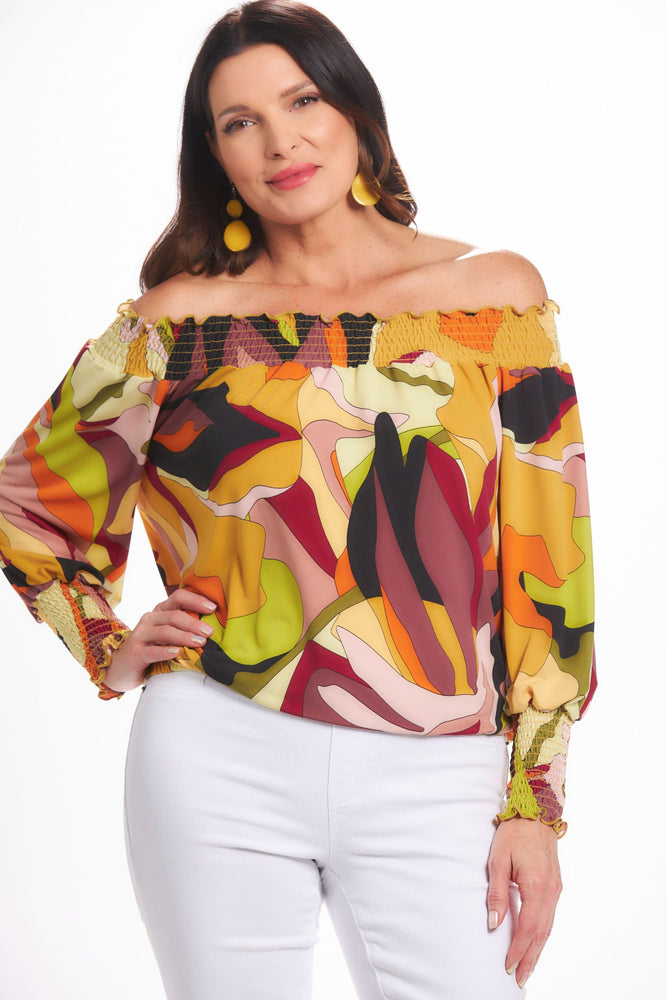 Front image of Last Tango off the shoulder elastic cuff top. Printed top for a night out. 