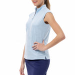 Side image of SanSoleil solshine sleeveless zip top. Blue and silver printed tank. 