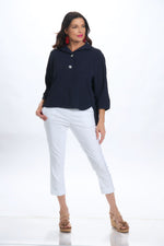 Front image of 2 button air flow shirt. Navy two button top. 