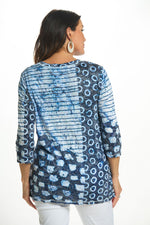Back image of Shana 3/4 sleeve crinkle top by shana. Navy blue printed geometric print. 