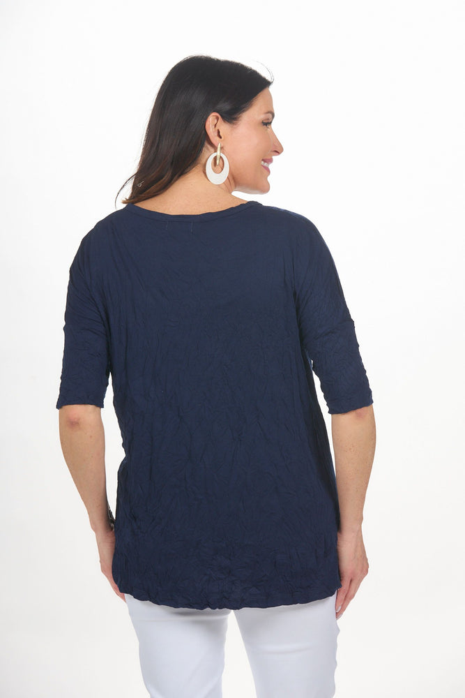 Back image of Shana navy crinkle top with pockets. 