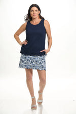 Front image of shana crinkle navy tank top. 