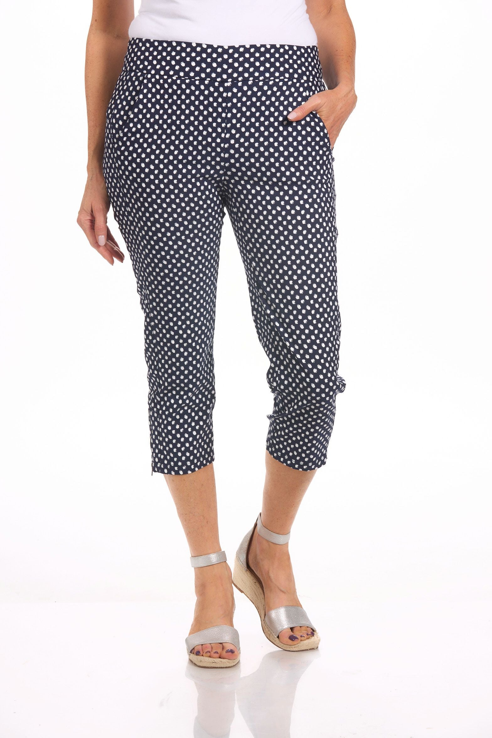 Front image of tribal polka dot navy pull on capri.