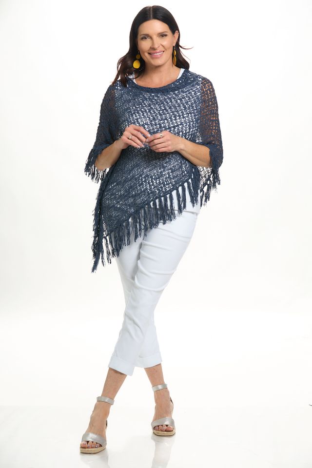 Front image of lost river navy popcorn poncho with fringe. 