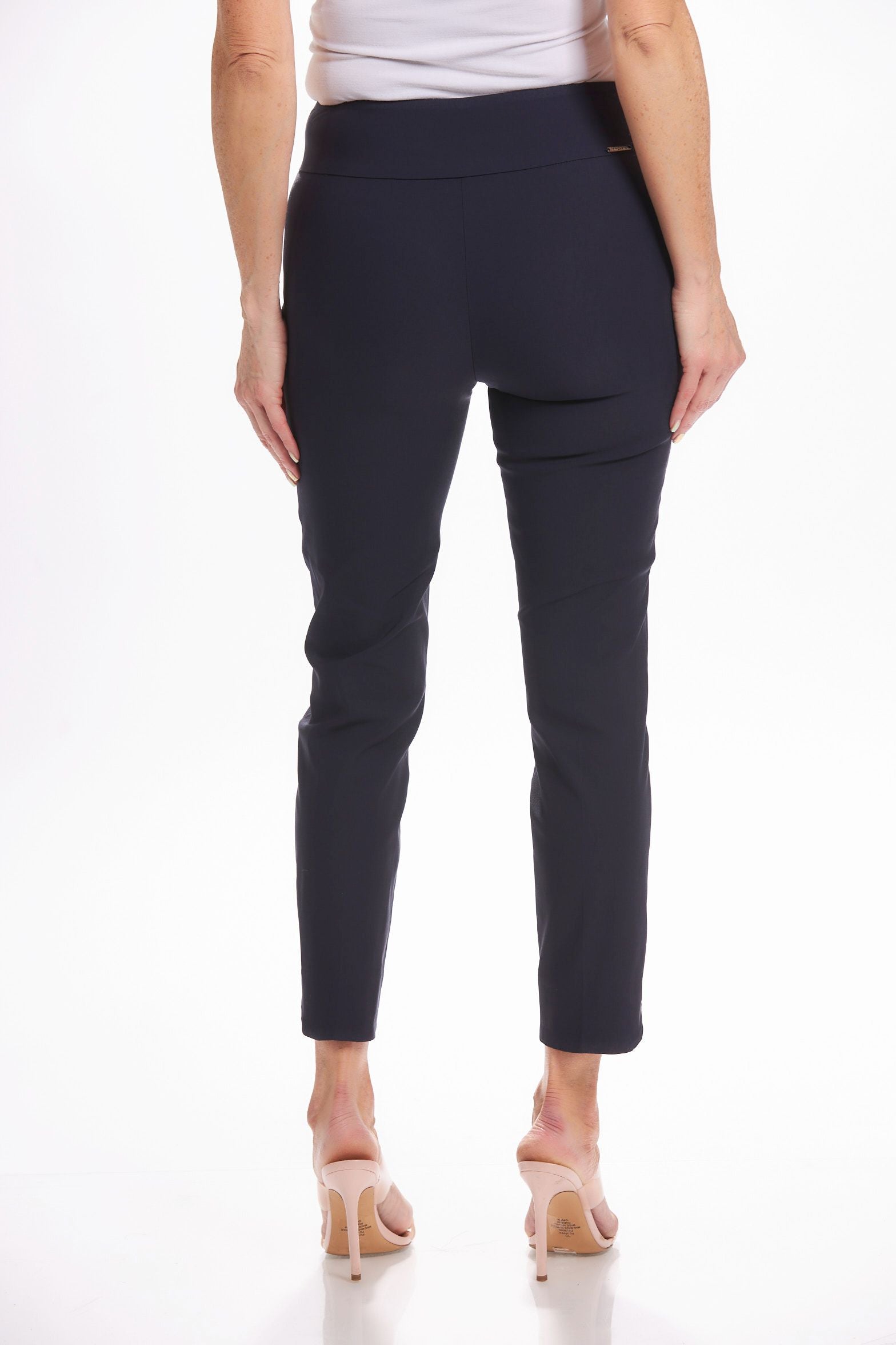Back image of navy Petal Leg Ankle Pants. Pull on basic pants. 