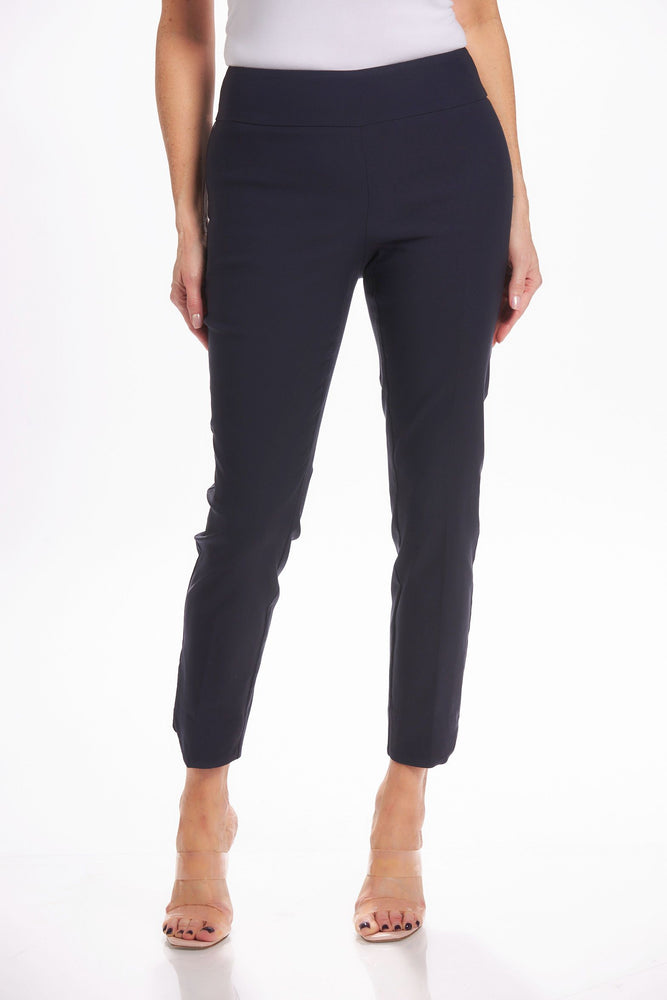 Front image of navy Petal Leg Ankle Pants. Pull on basic pants. 