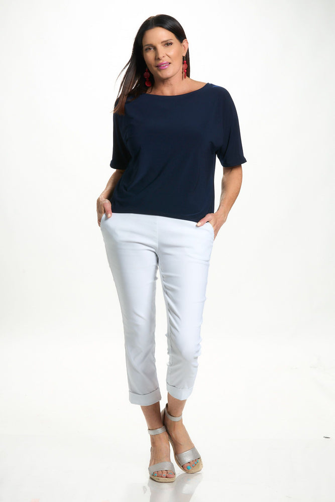 Front image of Mimozza dolman sleeve relaxed top in navy. 