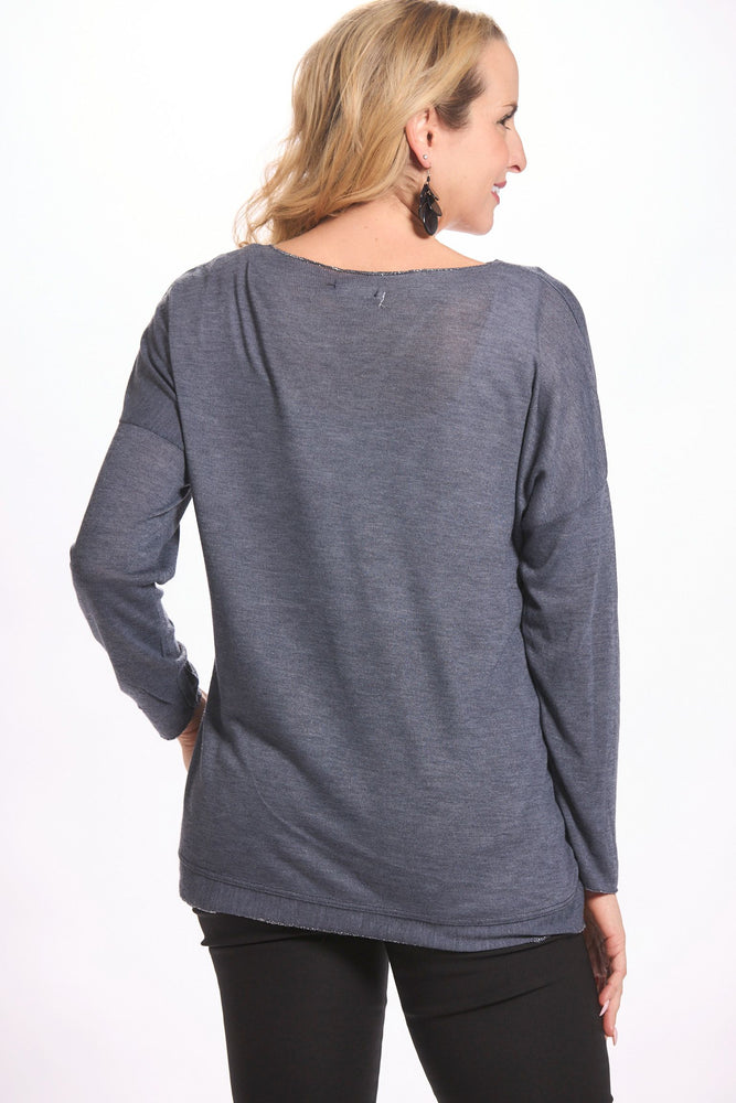 Back image of made in italy long sleeve v-neck shimmer top. Navy long sleeve shimmer top. 